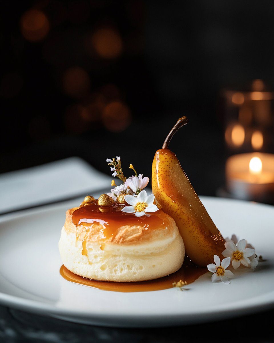 Vanille-Soufflé mit karamellisierter Birne